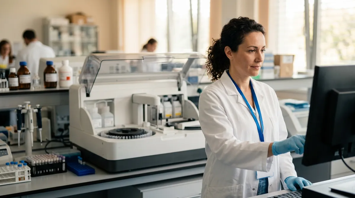Photo : biologiste médical au poste d'analyse d'un laboratoire (visuel à fournir)