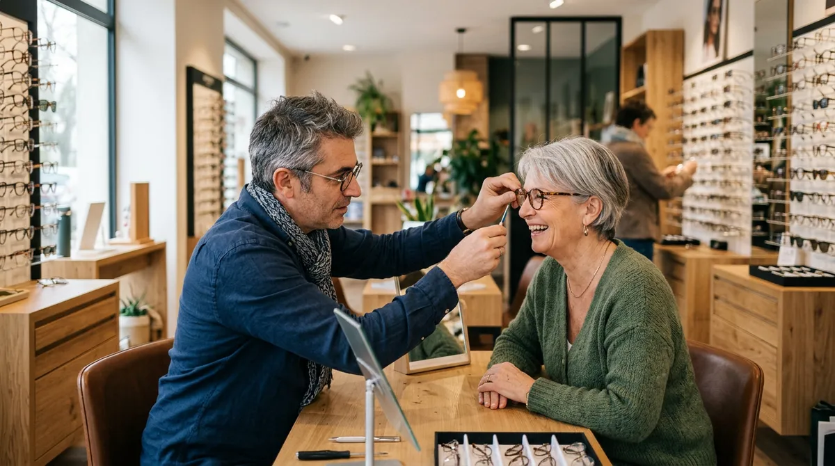 Photo : opticien-lunetier ajustant une monture pour un client dans son magasin d'optique (visuel à fournir)