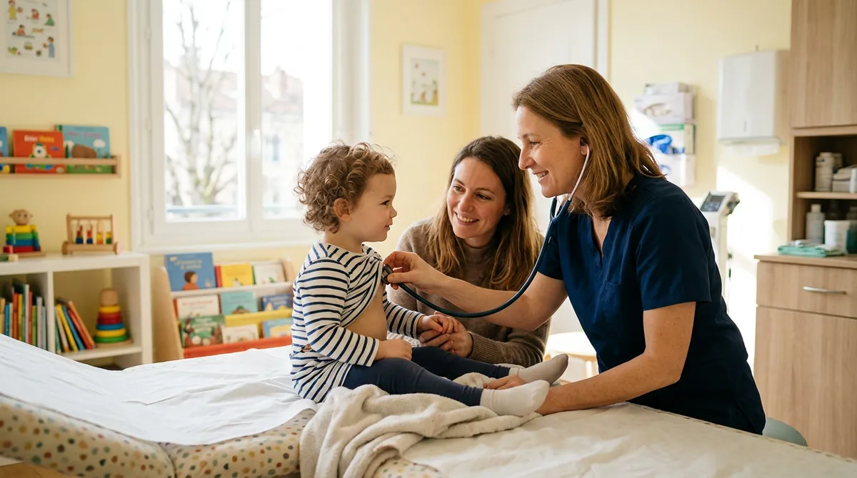 Photo : pédiatre en consultation avec un jeune enfant (visuel à fournir)