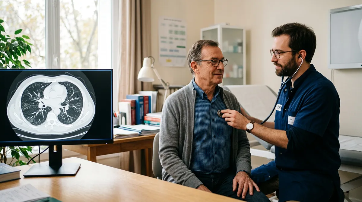 Photo : pneumologue en consultation avec un patient (visuel à fournir)